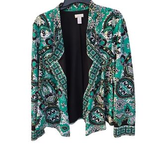 Chico's Size 3 Green Paisley Waterfall Open Front Jacket Preppy Career Womens 16